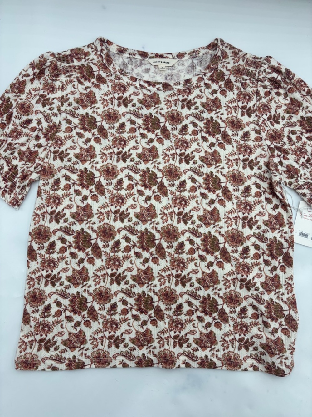 Lucky Brand Smocked Shoulder Pointelle Knit Top in Cream Floral